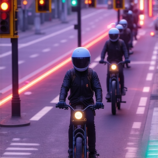 City street scene with advanced smart transportation devices and connected infrastructure.