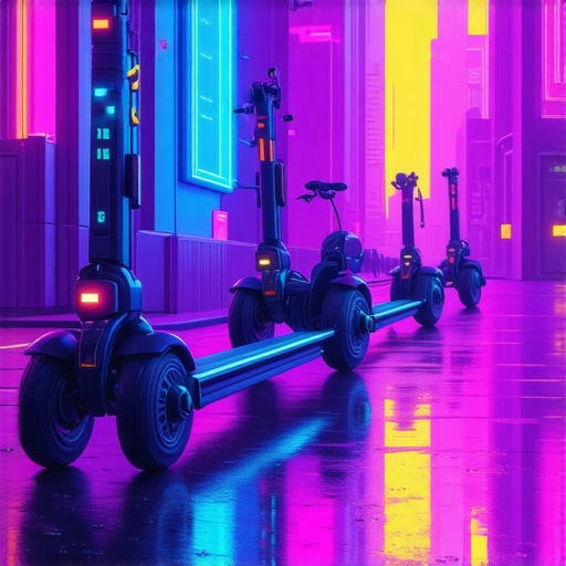 Futuristic city with AI-powered scooters and smart bikes, vibrant and innovative environment