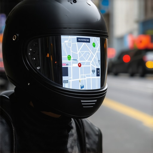 A modern smart helmet with augmented reality display showing navigation and safety alerts in an urban setting