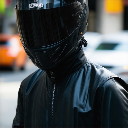 A rider wearing a smart helmet with AR display and safety sensors in an urban environment