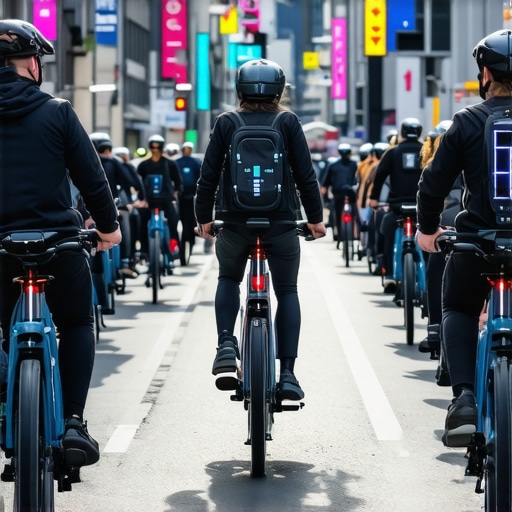City street with smart e-bikes, helmets, and digital traffic management